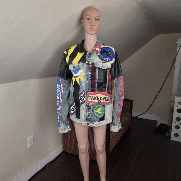 Reason Clothing Patchwork Denim Jacket XL Streetwear Moto Distressed